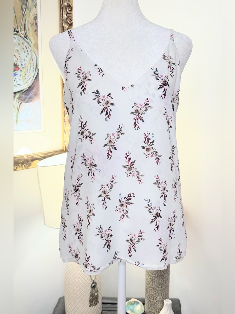 Women’s Reversible Floral Camisole Tank Top V Neck Layered Blouse White Pink